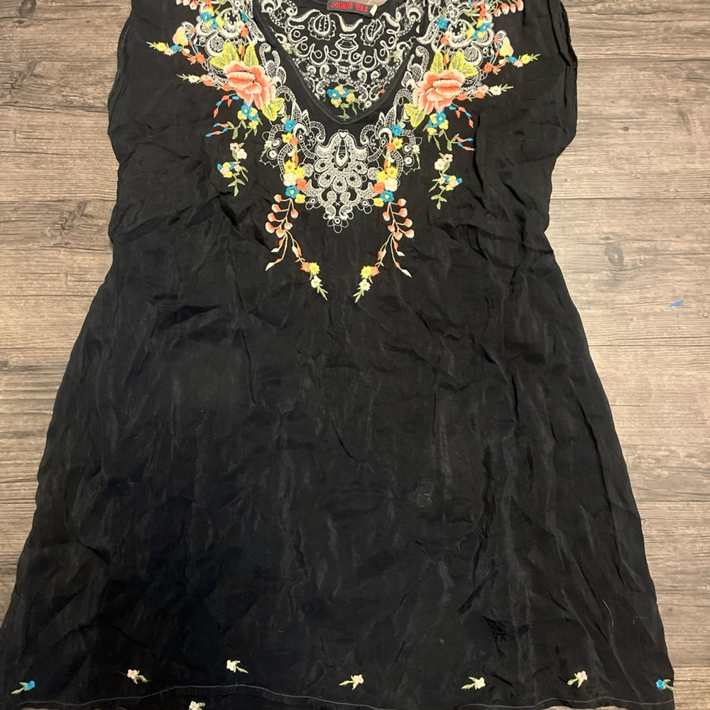 Johnny Was Black Tunic with Multicolor Floral Embroidery